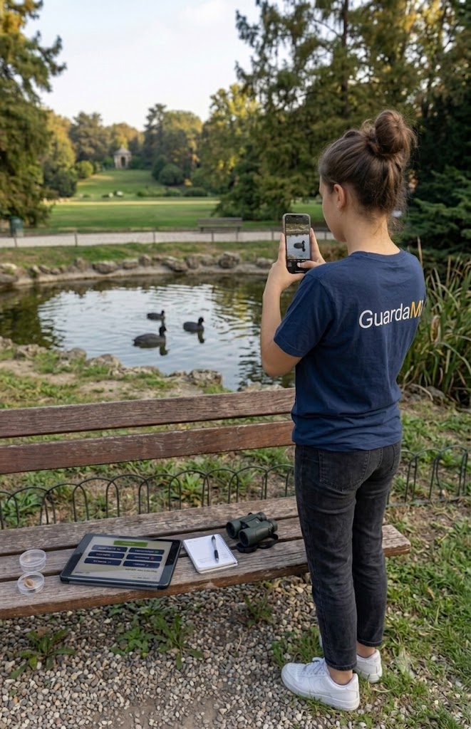 Studentessa che usa GuardaMI sul campo